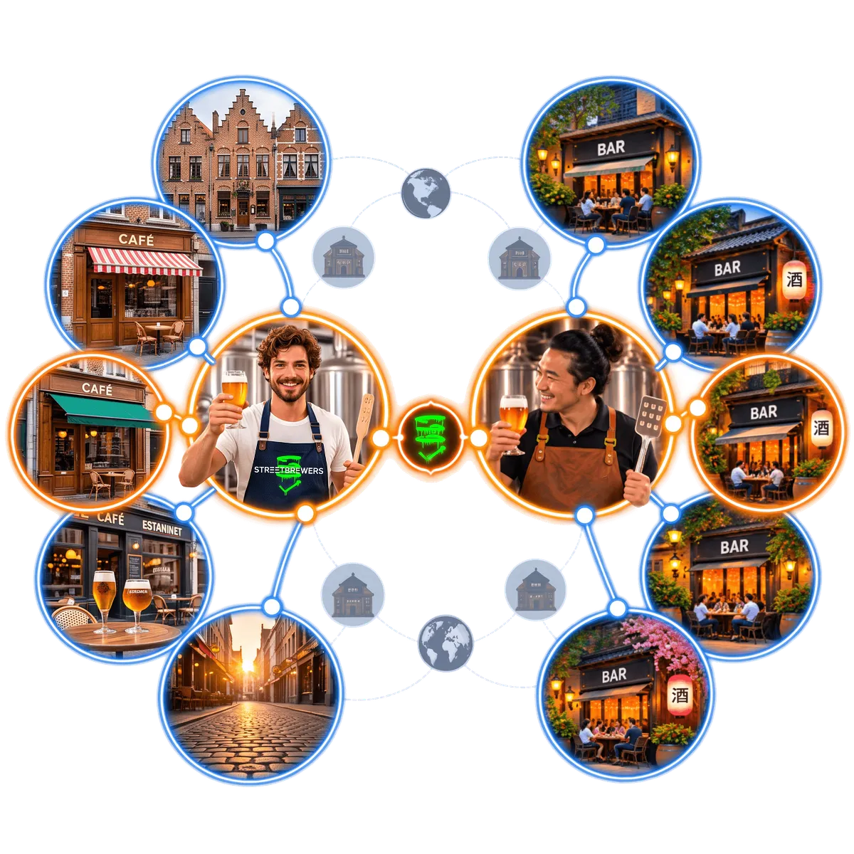 Illustratie van twee bierdrinkers die hun glas heffen: links een jonge bierdrinker in een Belgisch café en rechts een bierdrinker in een verafgelegen, door lantaarns verlichte bar, met in het midden de hashtag # Streetbrewers als verbindend element