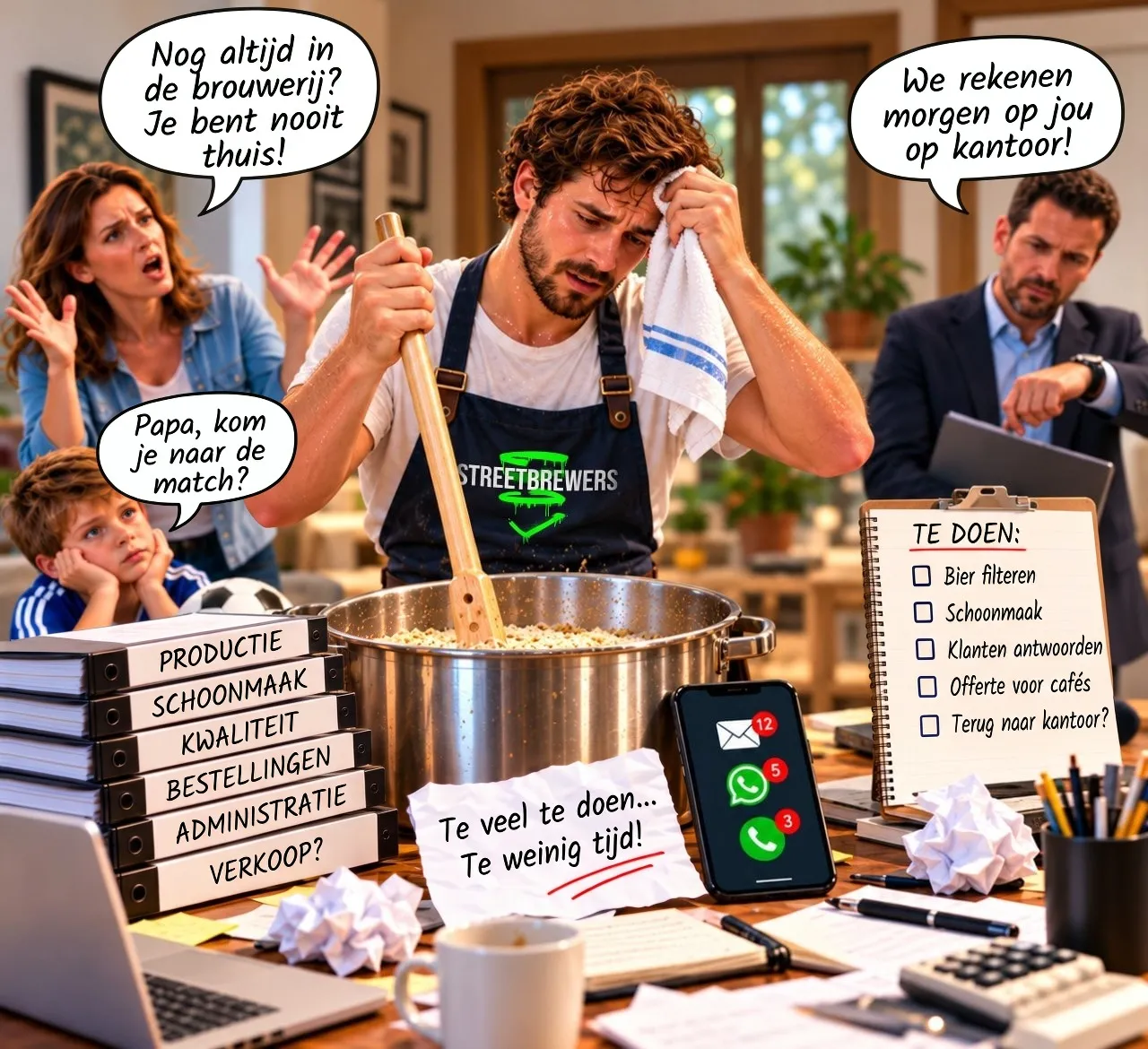 Een uitgeputte brouwer roert in een maischketel terwijl zijn partner vraagt waarom hij nooit thuis is, zijn zoon vraagt of hij naar de wedstrijd komt en een collega op kantoor op hem rekent, temidden van ordners, een takenlijst en een telefoon vol berichten