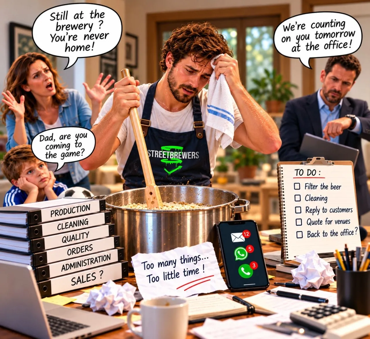 Een uitgeputte brouwer roert in een maischketel terwijl zijn partner vraagt waarom hij nooit thuis is, zijn zoon vraagt of hij naar de wedstrijd komt en een collega op kantoor op hem rekent, temidden van ordners, een takenlijst en een telefoon vol berichten