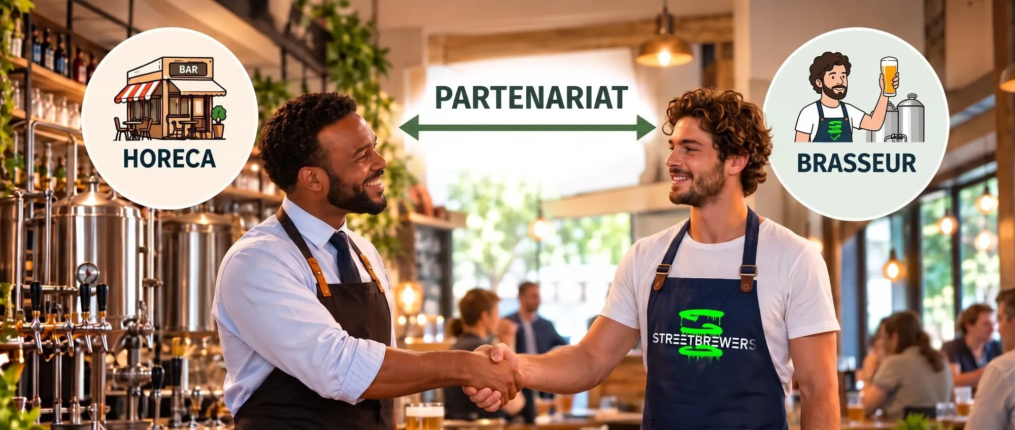 Een bareigenaar en een jonge brouwer in een marine Streetbrewers-schort schudden elkaar de hand in een brouwerijcafé; een pijl met het opschrift „Partnership“ verbindt een „Horeca “-badge met een „Brewer“-badge