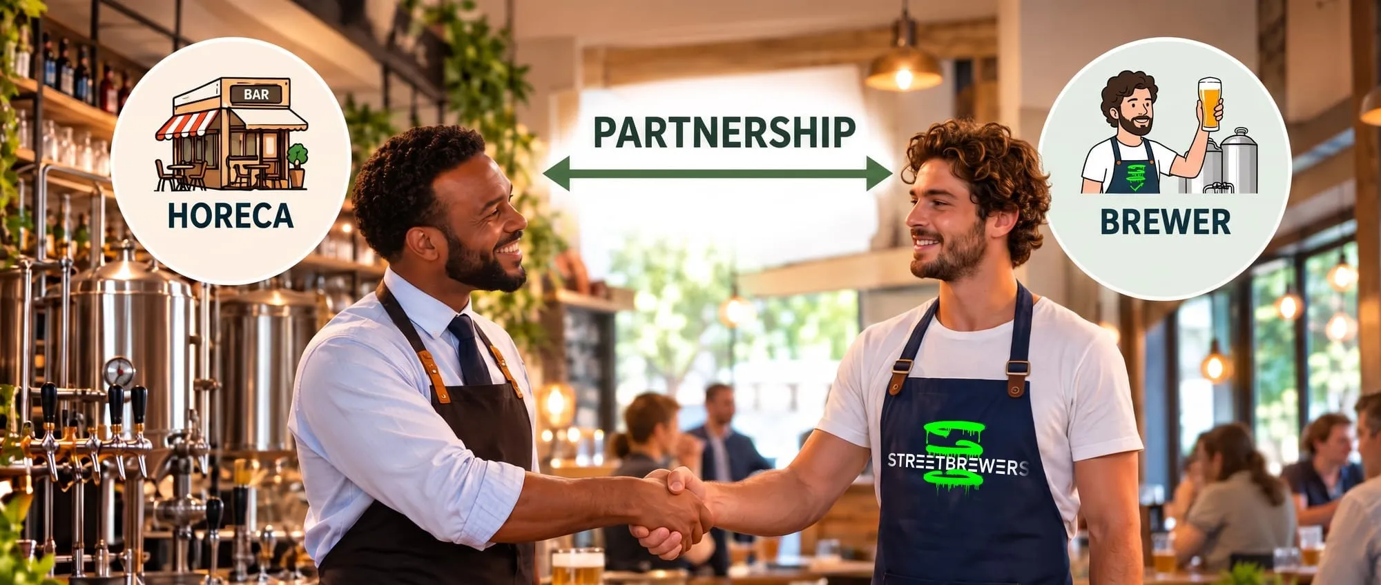 Een bareigenaar en een jonge brouwer in een marine Streetbrewers-schort schudden elkaar de hand in een brouwerijcafé; een pijl met het opschrift „Partnership“ verbindt een „Horeca “-badge met een „Brewer“-badge