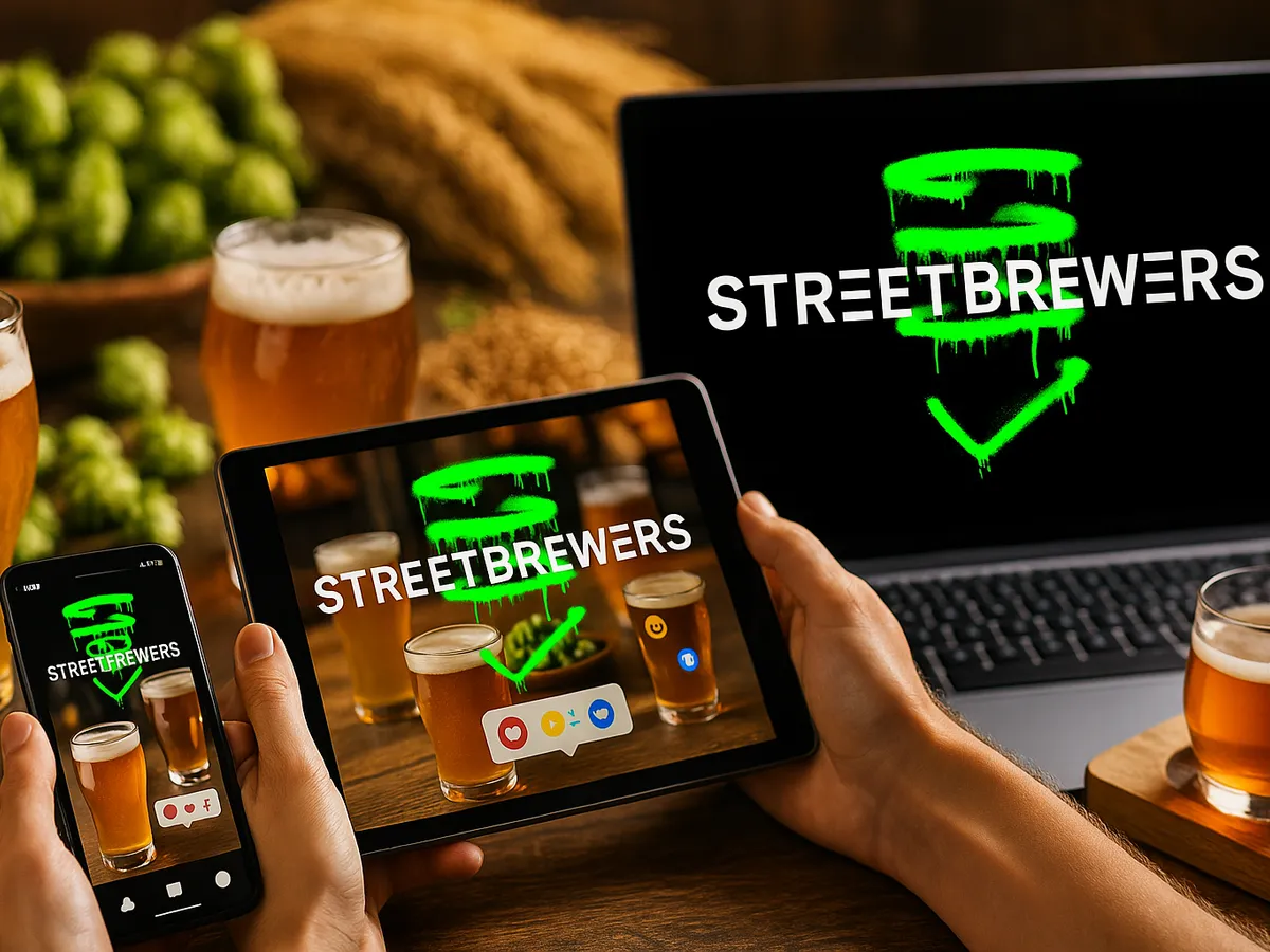 Een telefoon, een tablet en een laptop, allemaal met het logo van Streetbrewers , te midden van bierglazen, hop en gerst