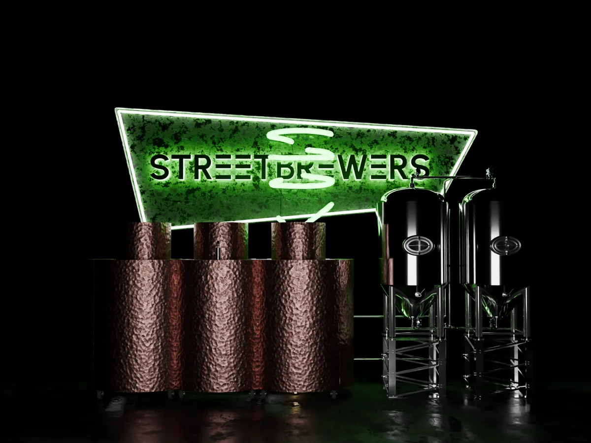 Artistieke weergave van een nano-brouwerij ‘ Streetbrewers ’, met drie met koper beklede brouwketels en twee stalen gistingstanks, onder een felgroen neonbord met de tekst ‘ Streetbrewers ’