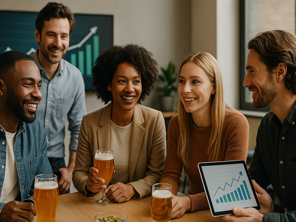 Glimlachende investeerders drinken samen een biertje aan tafel, terwijl een van hen op een tablet een grafiek met stijgende verkoopcijfers laat zien