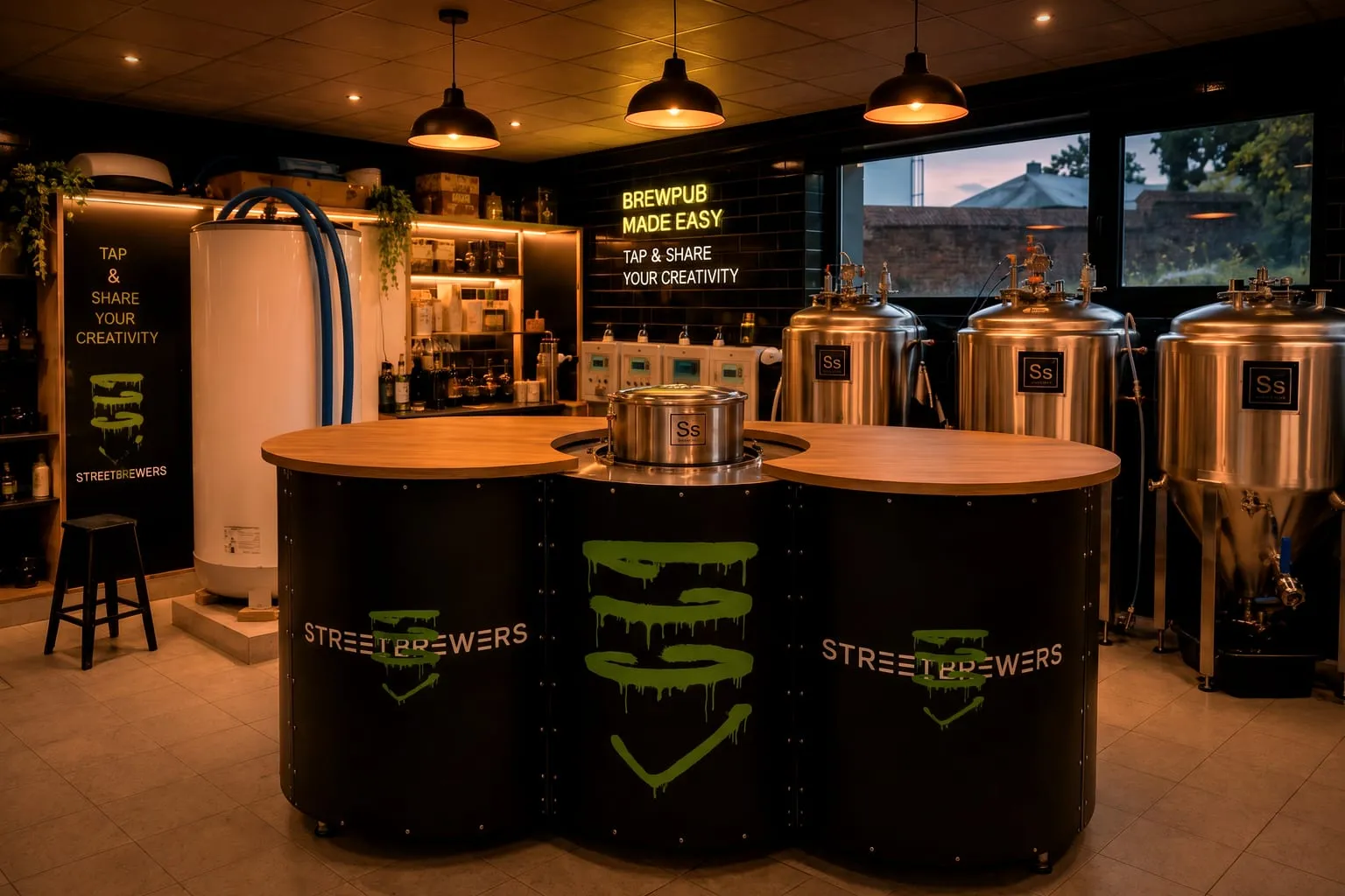 Het ‘ Streetbrewers ’-brouweiland, drie zwarte cilinders met houten bovenkanten en het groene graffitilogo, in een brouwerijcafé ’s avonds
