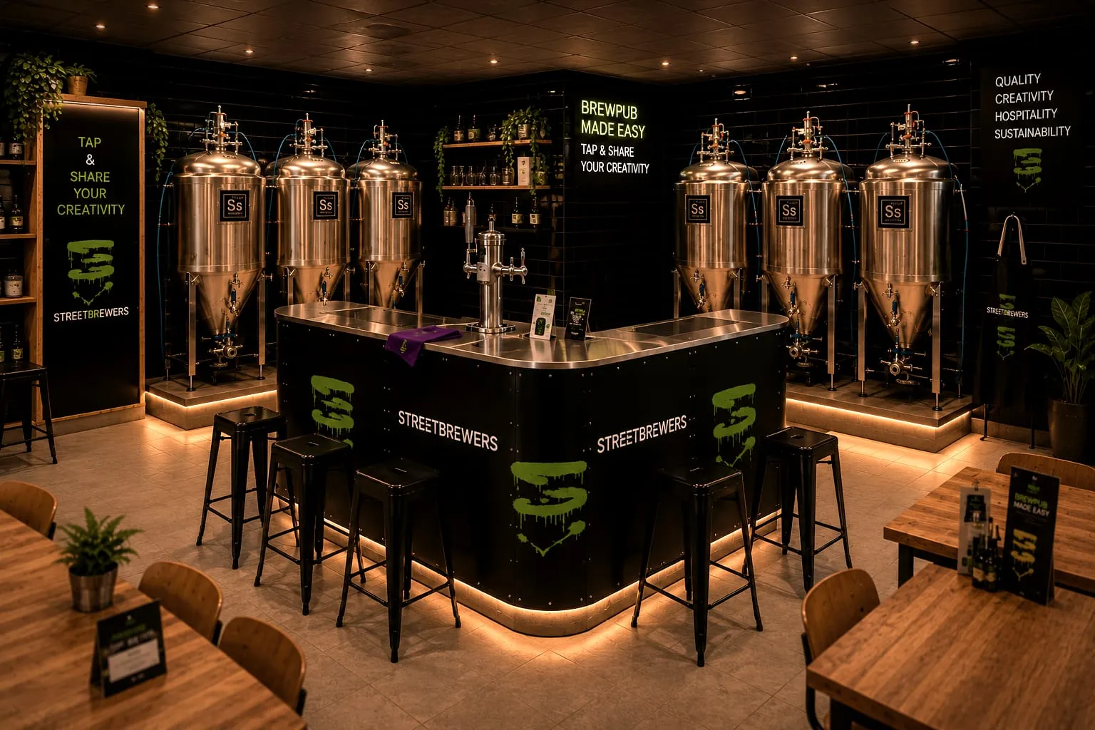 Een ‘ Streetbrewers ’-bar in een hoek met zes gistingstanks en een tapinstallatie, gevestigd in een andere locatie