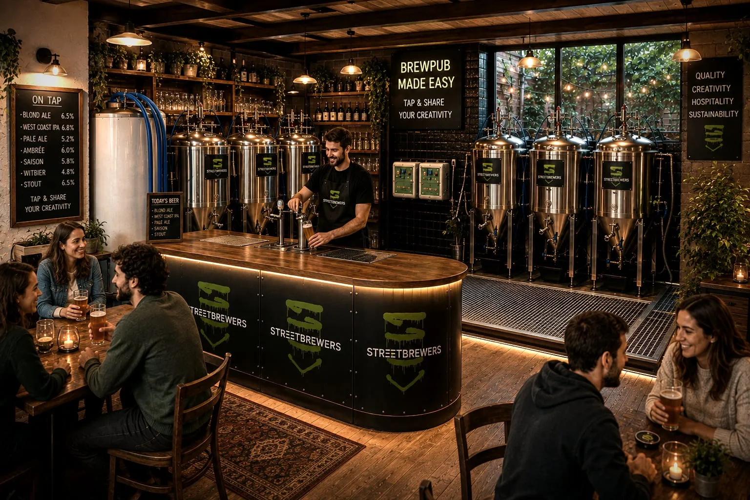 Een barman schenkt een huisbier in aan de toog van de ‘ Streetbrewers ’, terwijl gasten aan de tafels zitten te drinken; achter de bar staan gistingstanks