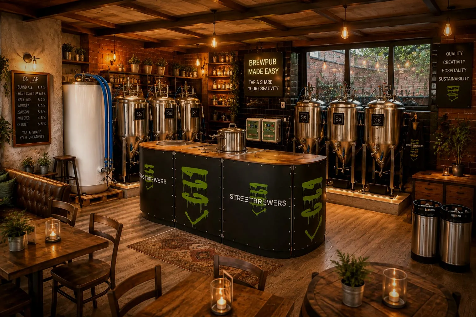 Een brouwerijcafé met een „ Streetbrewers ”-brouwbalie voor zes gistingstanks die langs de muur staan